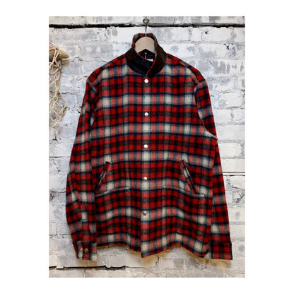 Men's Fujito "Tom" CPO jacket in red check pattern, featuring button closure and classic collar, displayed on a hanger.