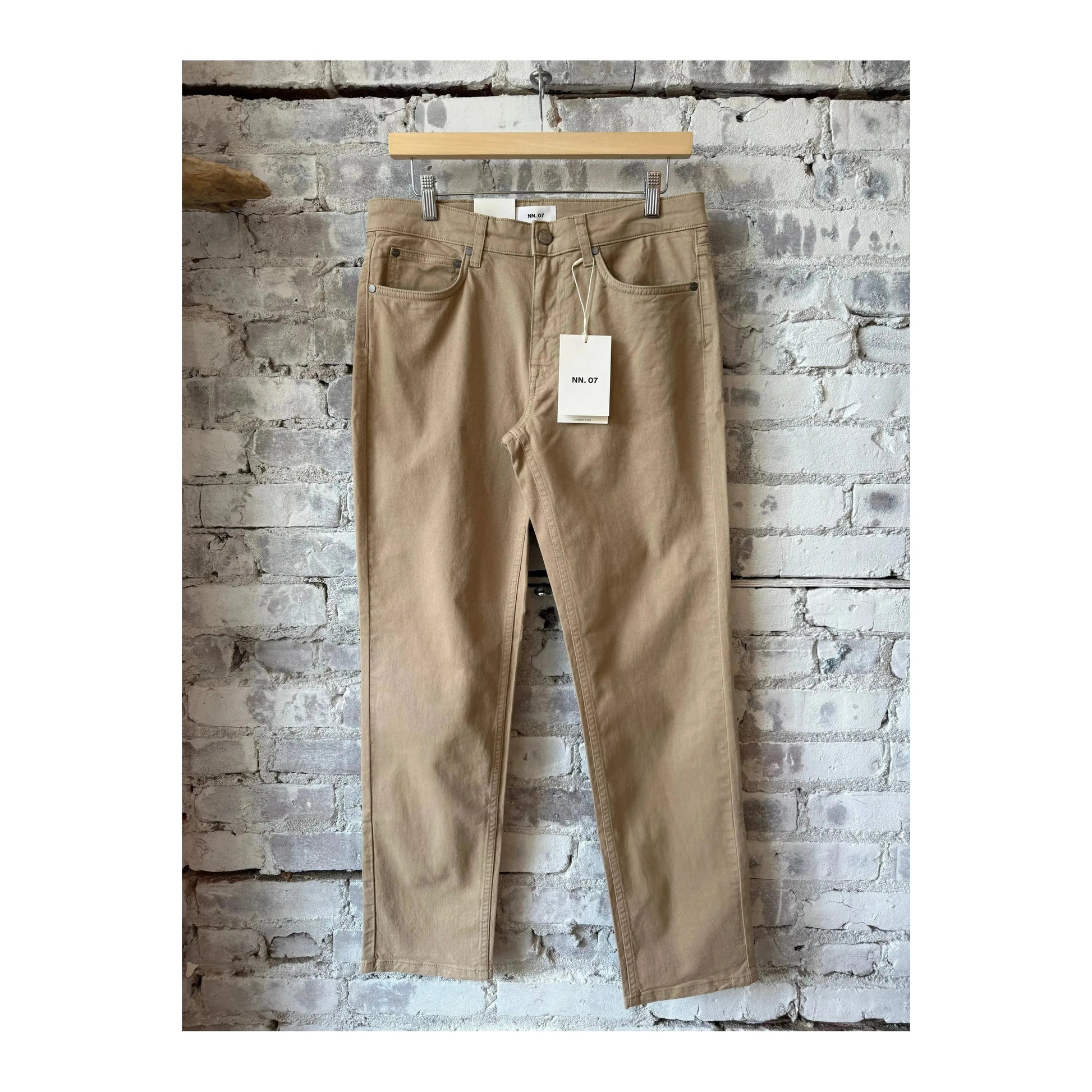 Men's NN07 Tony Classic Slim Fit Pant in khaki beige, showcasing the tailored slim fit and cotton fabric, front view.