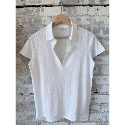 White Hartford Women's Tunage Knit T-Shirt, casual fit, soft fabric, shown on a model with short sleeves and a round neckline.