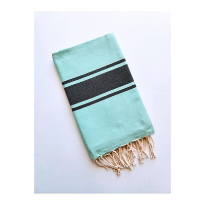 Wonderfouta Turkish beach towel sarong in aqua and black with vibrant patterns, perfect as a stylish home accessory or beach wrap.