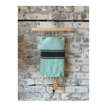 Wonderfouta Turkish beach towel sarong in aqua and black with striped pattern, lightweight and versatile for beach or home use.