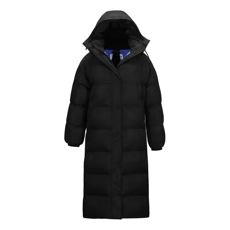 Women's long puffer coat by TWIN in black and royal blue, featuring a quilted design and hooded style.