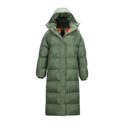 Women's TWIN 06 Long Puffer jacket in military orange, stylish and warm winter outerwear with a padded, quilted design.