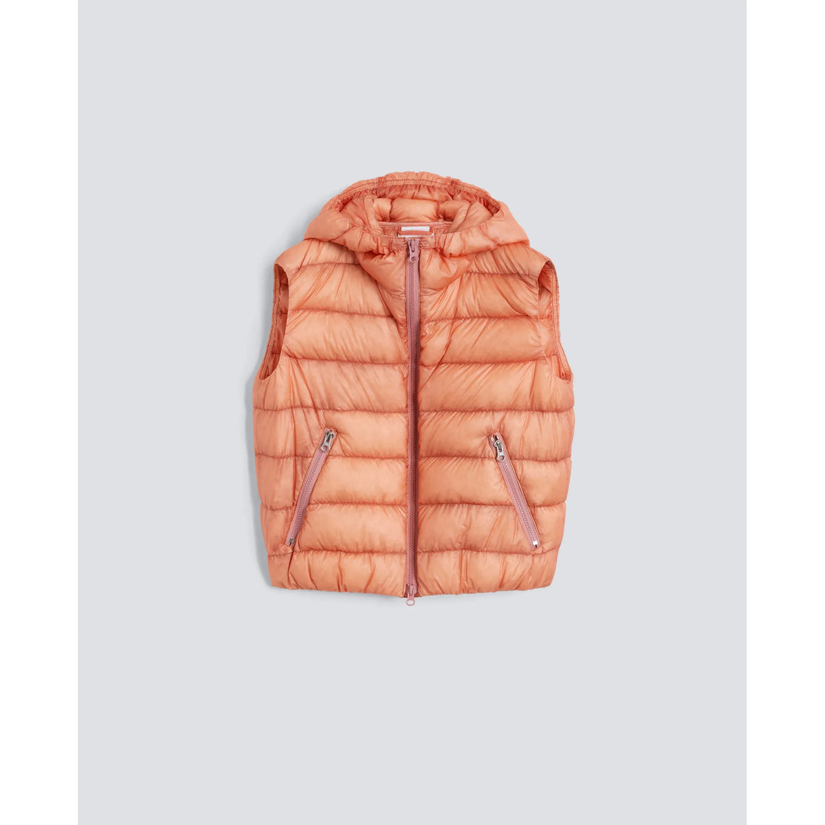 Women's powder pink Aspesi ultralight ripstop nylon vest with a sleek, lightweight design perfect for layering.