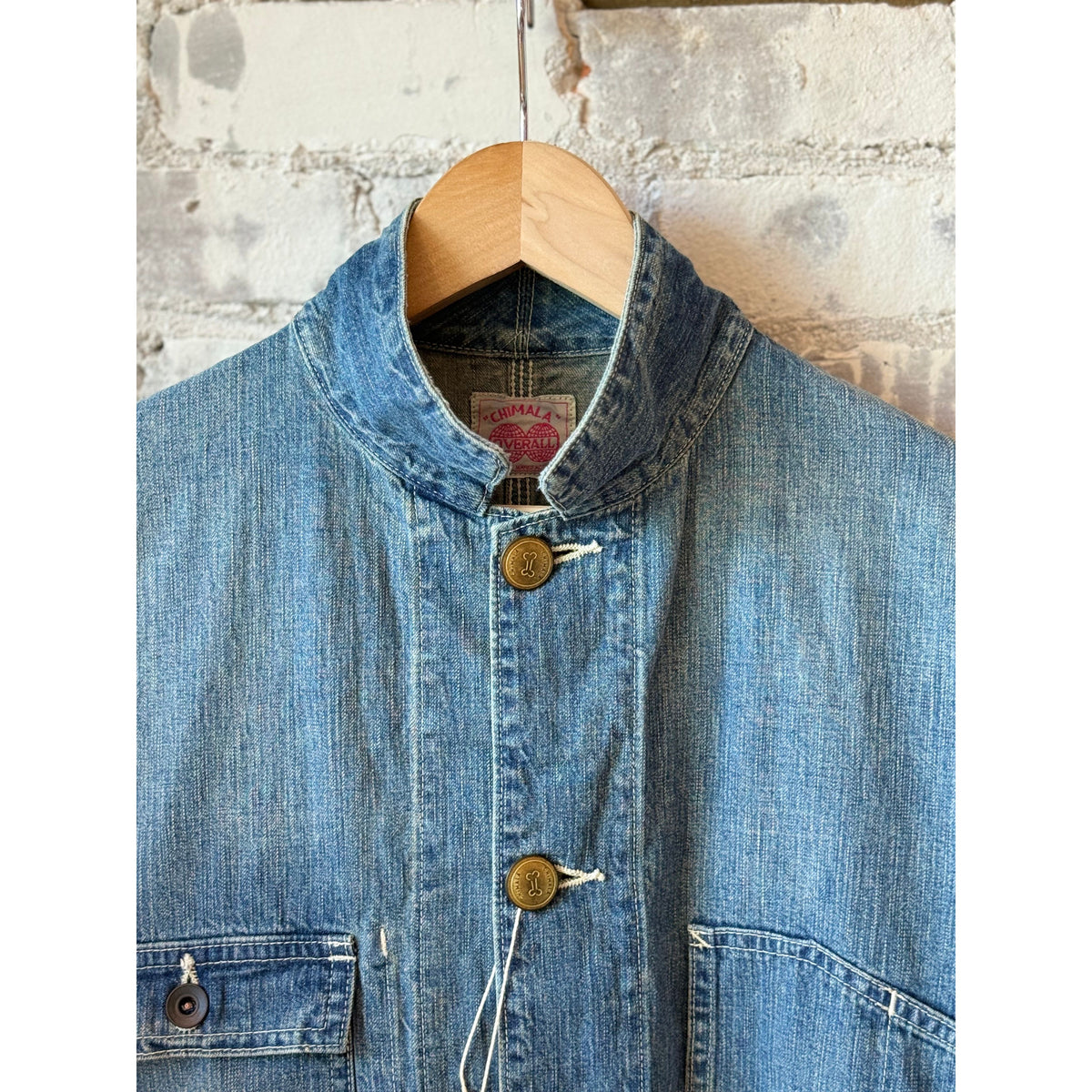 Unisex 11oz selvedge denim chore jacket by Chimala, men's size, featuring classic design and durable denim fabric.