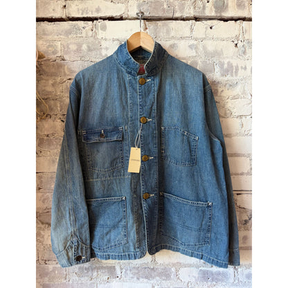 Unisex 11oz selvedge denim chore jacket by Chimala, men's short style with rugged denim fabric and classic design.