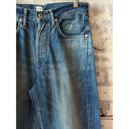 Unisex 13.5oz dark engineer selvedge denim straight cut jeans by Chimala, showcasing rugged denim fabric and classic fit.