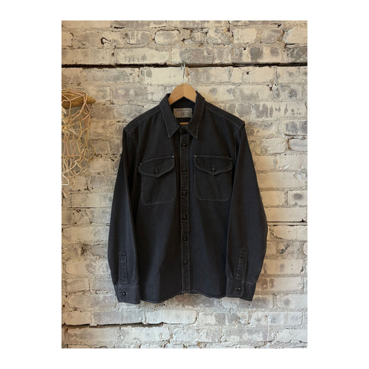 Men's charcoal utility twill shirt by Freenote Cloth, featuring a rugged design and button-front closure.