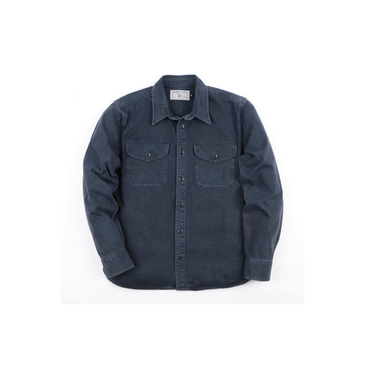 Men's navy utility twill shirt by Freenote Cloth, shown in a close-up of the fabric and collar detail.