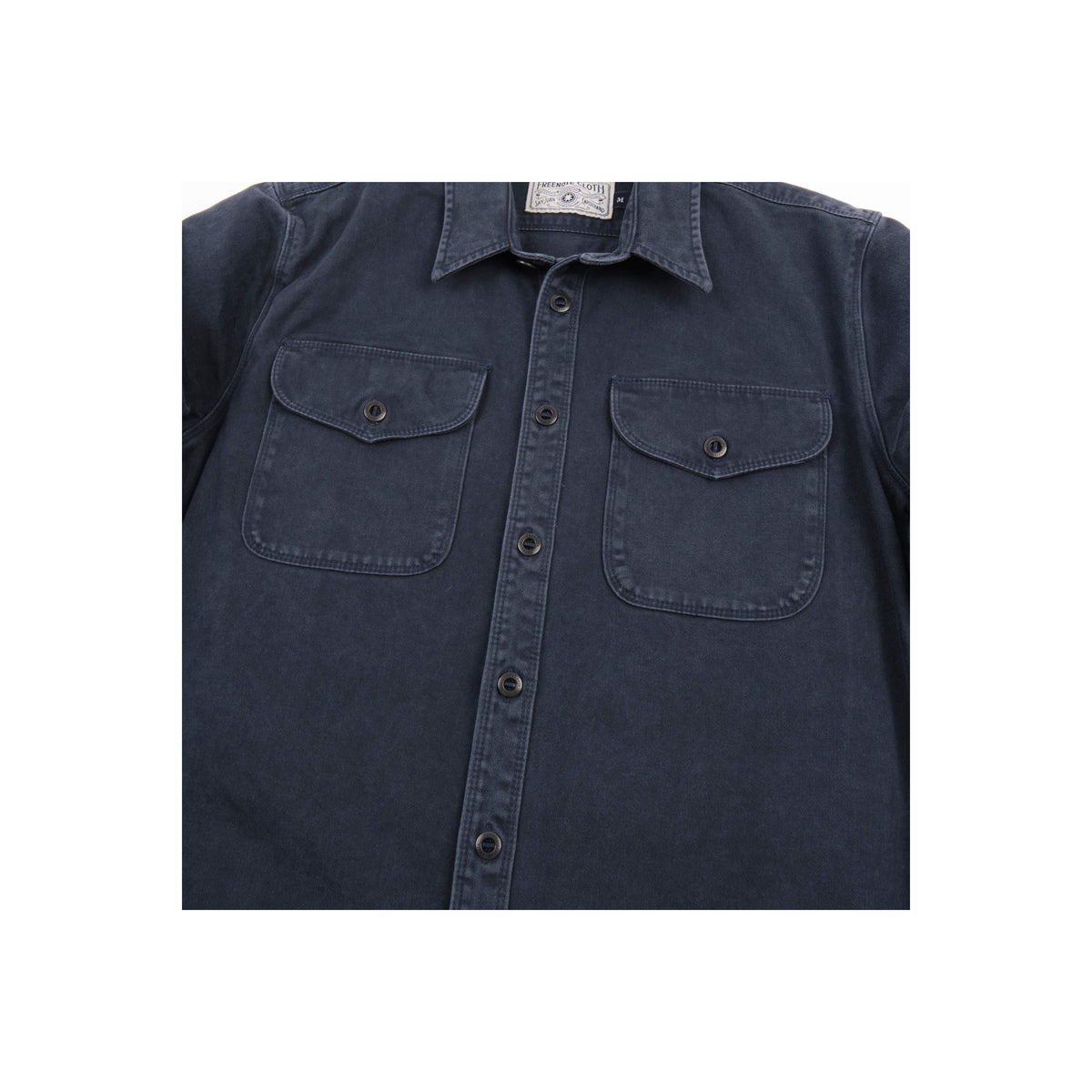 Men's navy utility twill shirt by Freenote Cloth, featuring a classic fit with chest pockets and durable twill fabric.