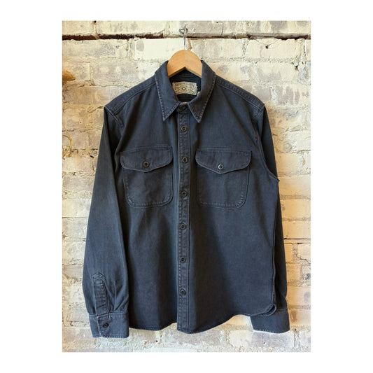 Men's navy utility twill shirt by Freenote Cloth with a tailored fit, button-down front, and chest pockets.