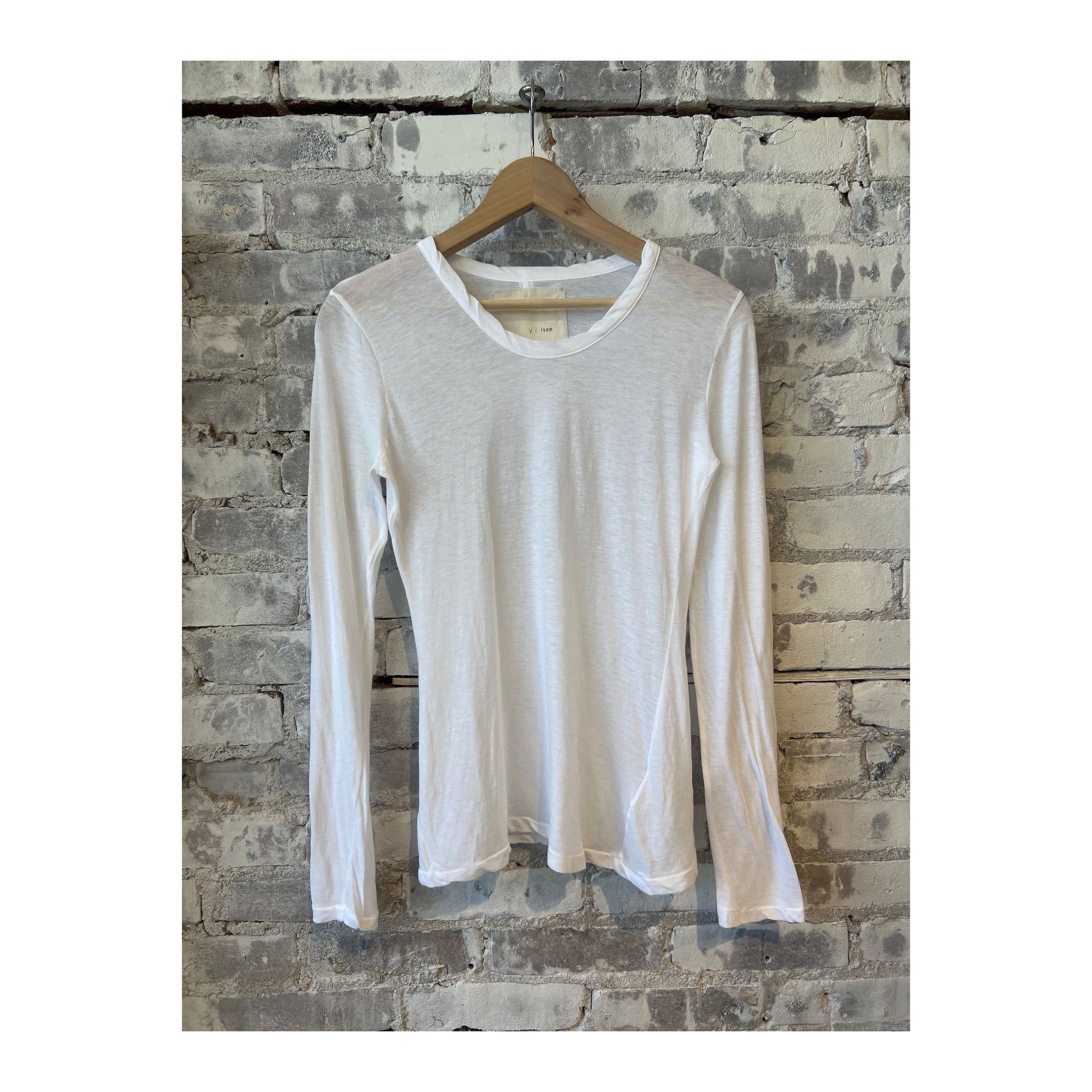 Women's Hi-Soft Jersey Long Sleeve Crew in white by V::Room, showing the comfortable, soft fabric and classic fit.