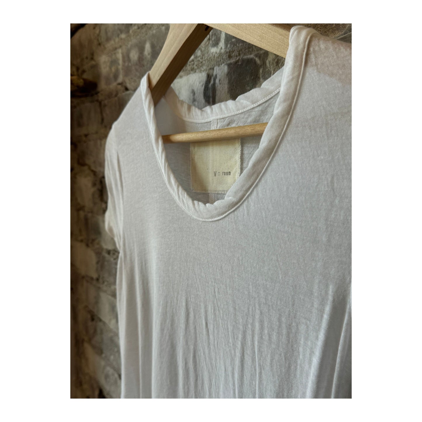Women's white V::Room Hi-Soft Jersey SS Crew T-Shirt, front view showing soft fabric and classic crew neckline.