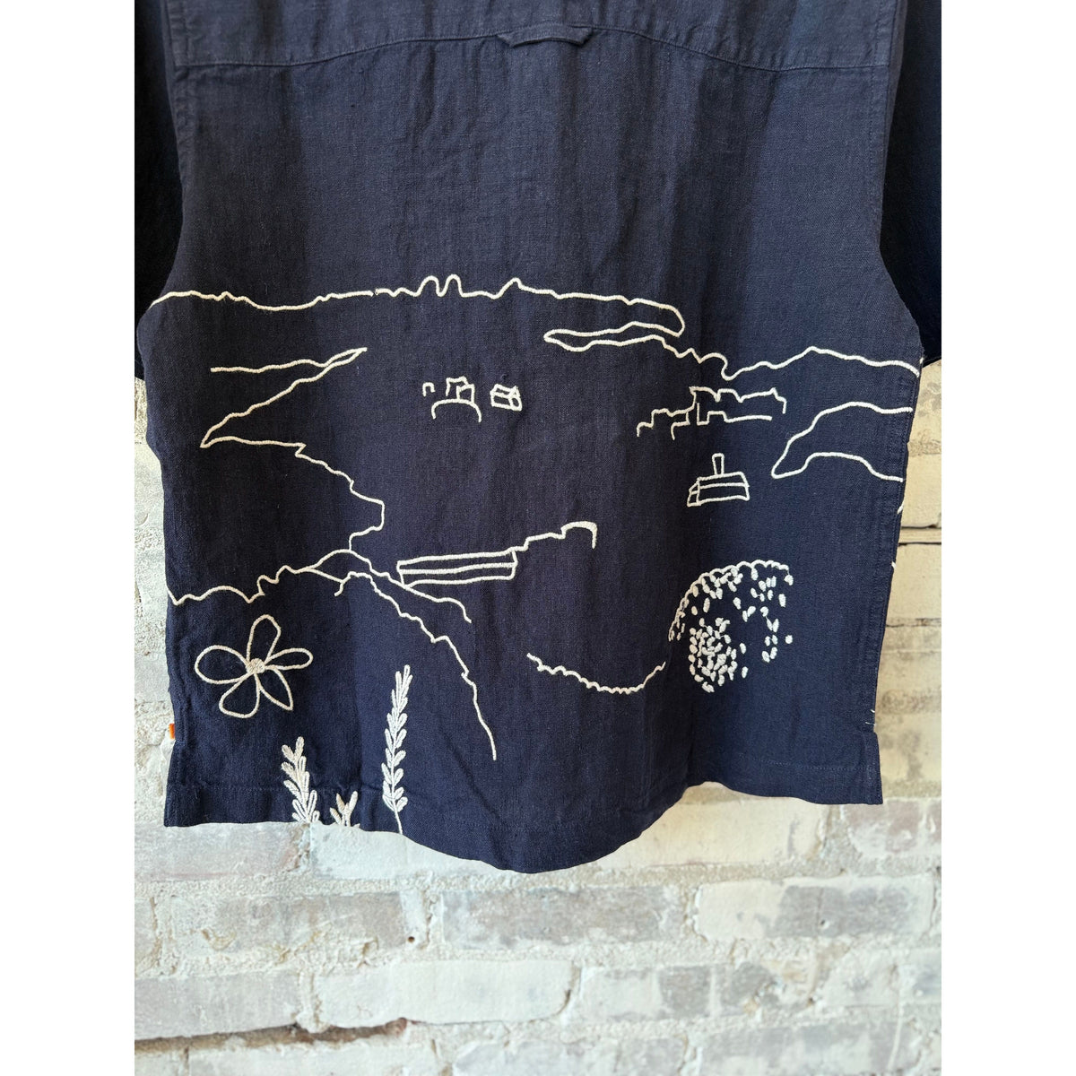 Men's Veloso Landscape Shirt by Far Afield in navy, featuring a scenic landscape print on lightweight fabric.