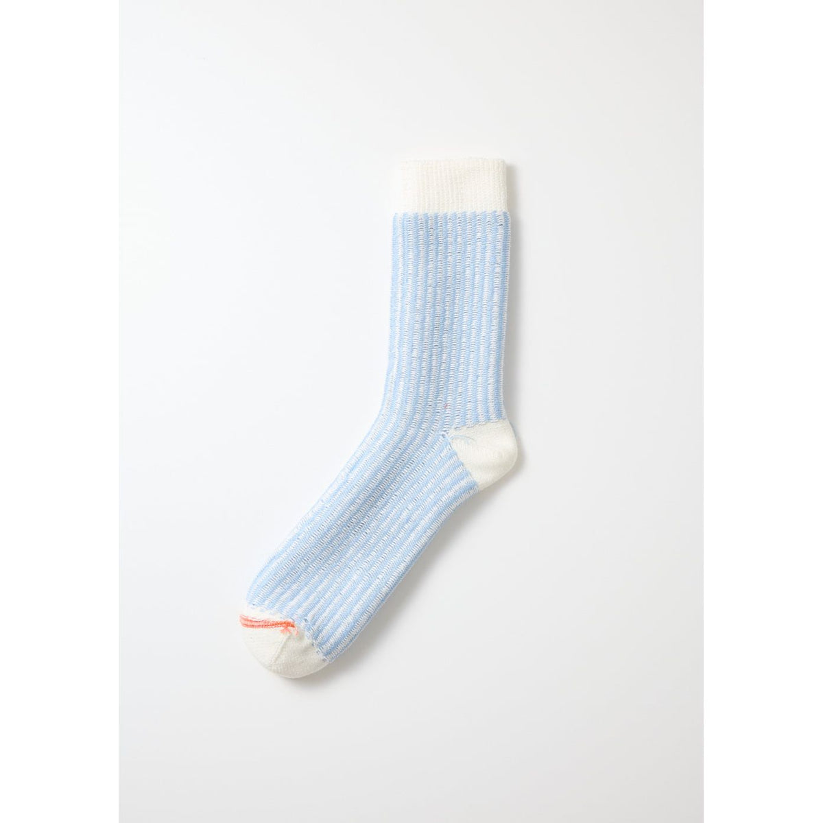 Men's vertical striped socks by Rototo in white and light blue, featuring a stylish pattern and comfortable fit.