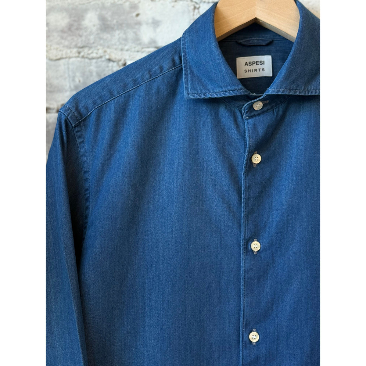 Men's Aspesi Vic Shirt in denim blue, featuring a classic button-down design and long sleeves, made from durable denim fabric.