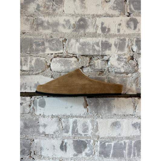 Women's Dear Frances Vico Suede Mule in caramel color, showcasing stylish slip-on footwear with a sleek design.