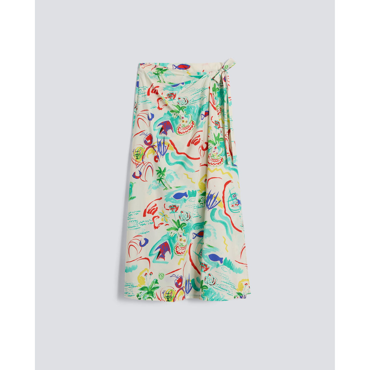 Women's Aspesi viscose twill wrap skirt in Stampa Multi with colorful abstract print, styled for a casual or office look.