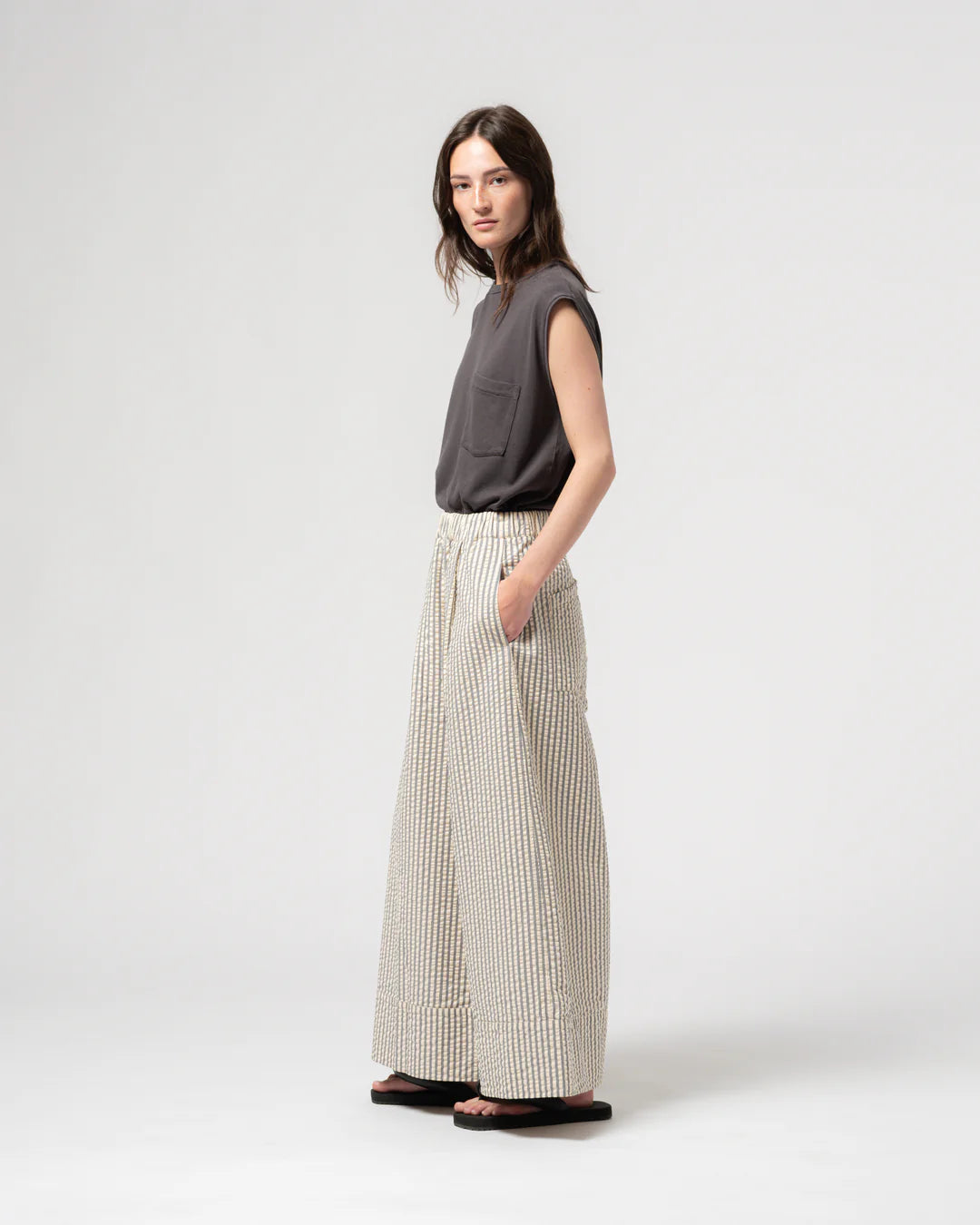 G.O.D. Culotte Belfast Seersucker Pant - Iron/Off-White