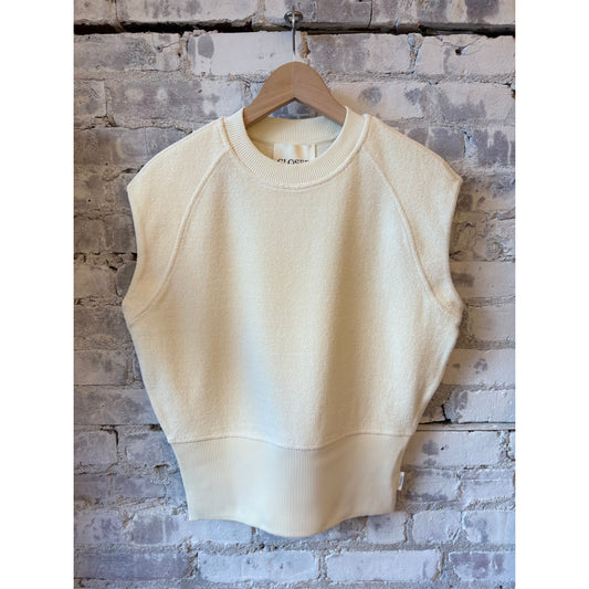 Beige women's waisted crewneck top by Closed Women's, featuring a fitted silhouette and soft fabric.