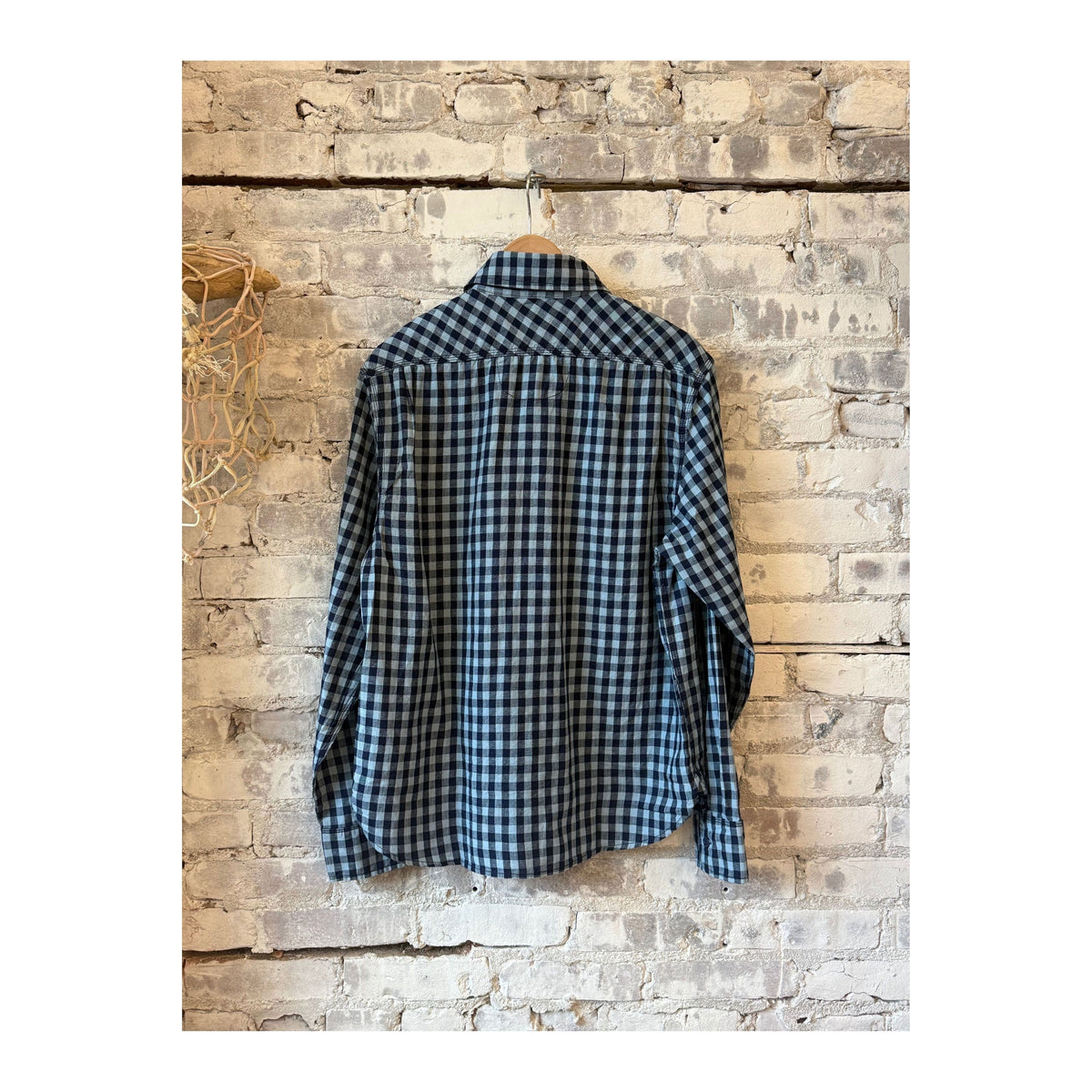 Men's Freenote Cloth Wells Gingham Workwear Shirt in indigo, featuring classic plaid pattern and durable cotton fabric.