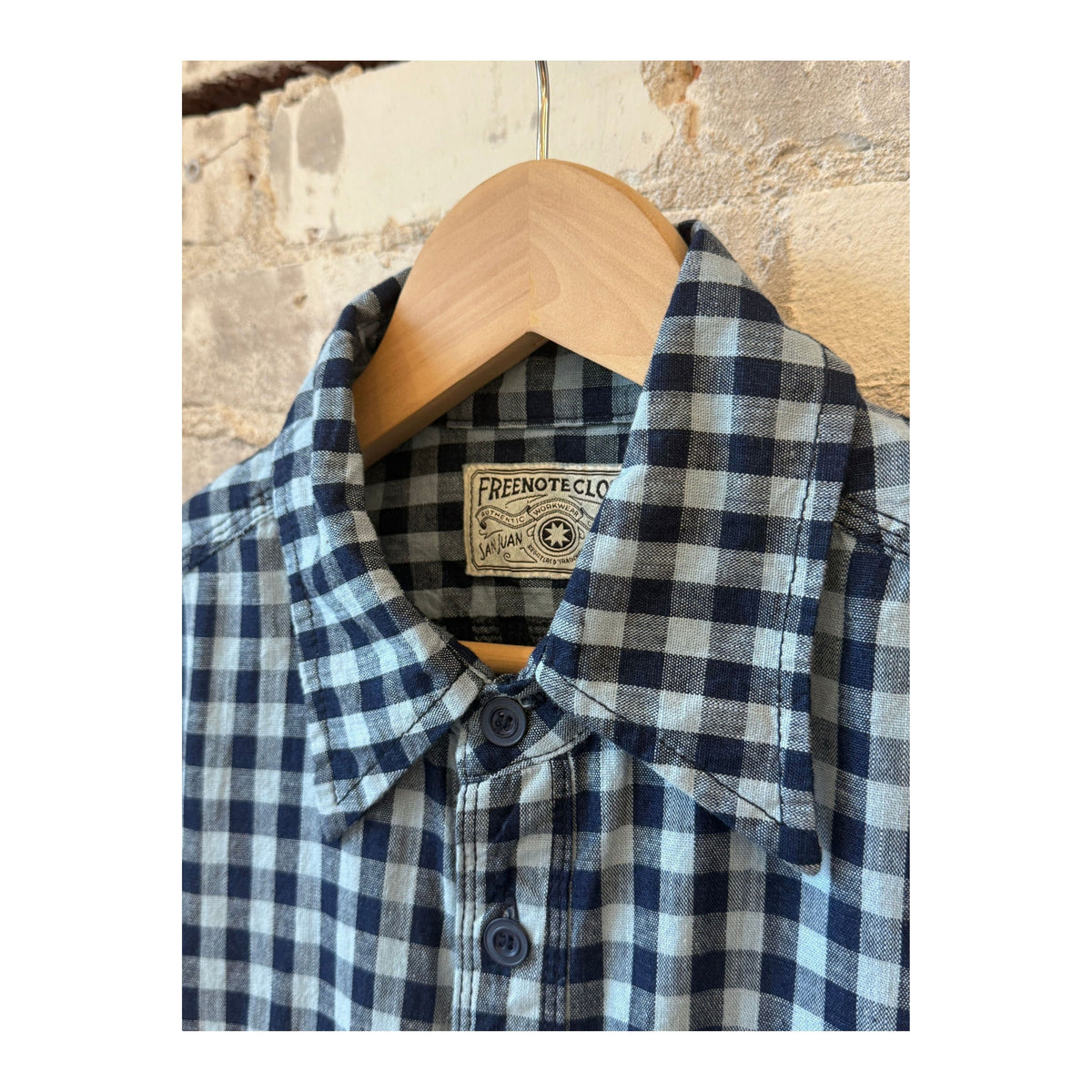 Men's Wells Gingham Workwear Shirt by Freenote Cloth in indigo with a classic gingham pattern and button front.