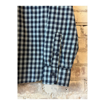 Men's Wells Gingham Workwear Shirt by Freenote Cloth in indigo, featuring classic gingham pattern and durable fabric.