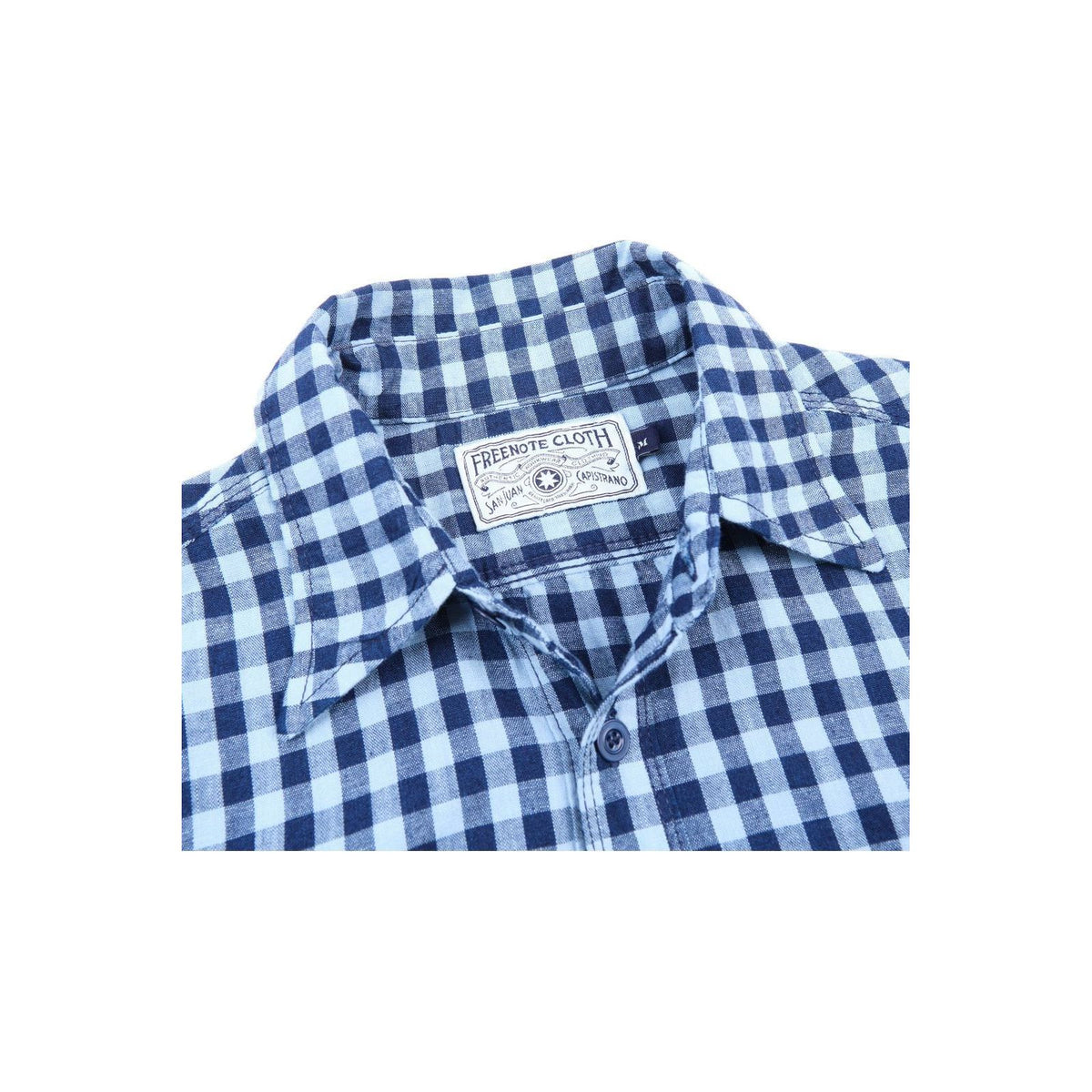 Men's Wells Gingham Workwear Shirt in indigo by Freenote Cloth, featuring classic gingham pattern and durable fabric.