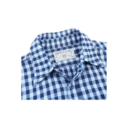 Men's Wells Gingham Workwear Shirt in indigo by Freenote Cloth, featuring classic gingham pattern and durable fabric.
