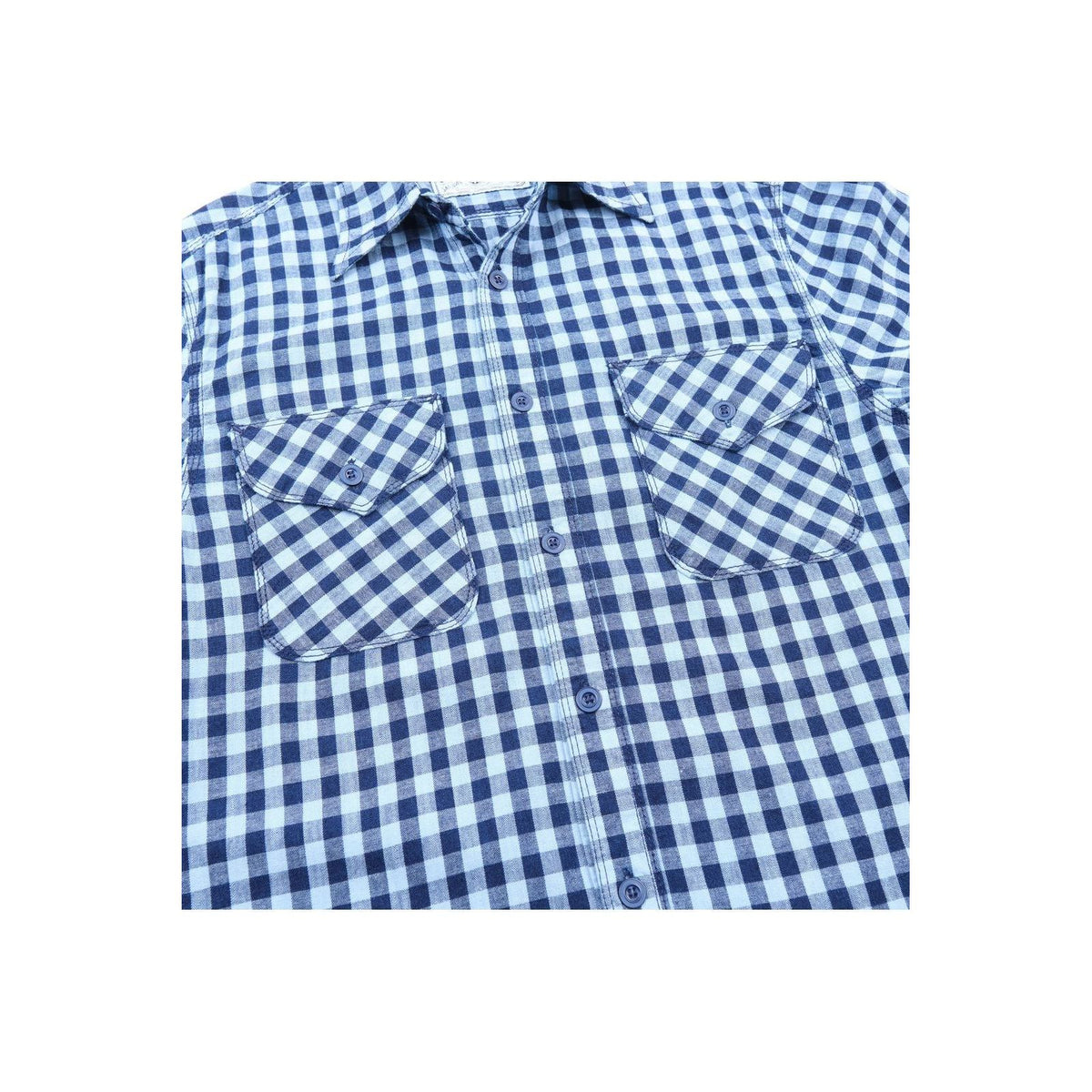 Men's Wells Gingham Workwear Shirt in indigo by Freenote Cloth, featuring a classic gingham pattern and durable cotton fabric.