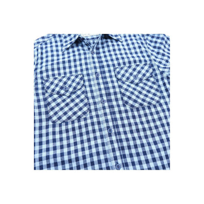 Men's Wells Gingham Workwear Shirt in indigo by Freenote Cloth, featuring a classic gingham pattern and durable cotton fabric.