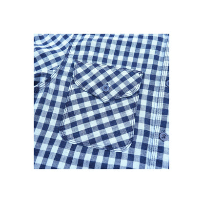 Men's Wells Gingham Workwear Shirt in indigo by Freenote Cloth, featuring classic plaid pattern and durable cotton fabric.