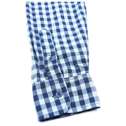 Men's Wells Gingham workwear shirt in indigo by Freenote Cloth, featuring a classic checkered pattern and button-up design.
