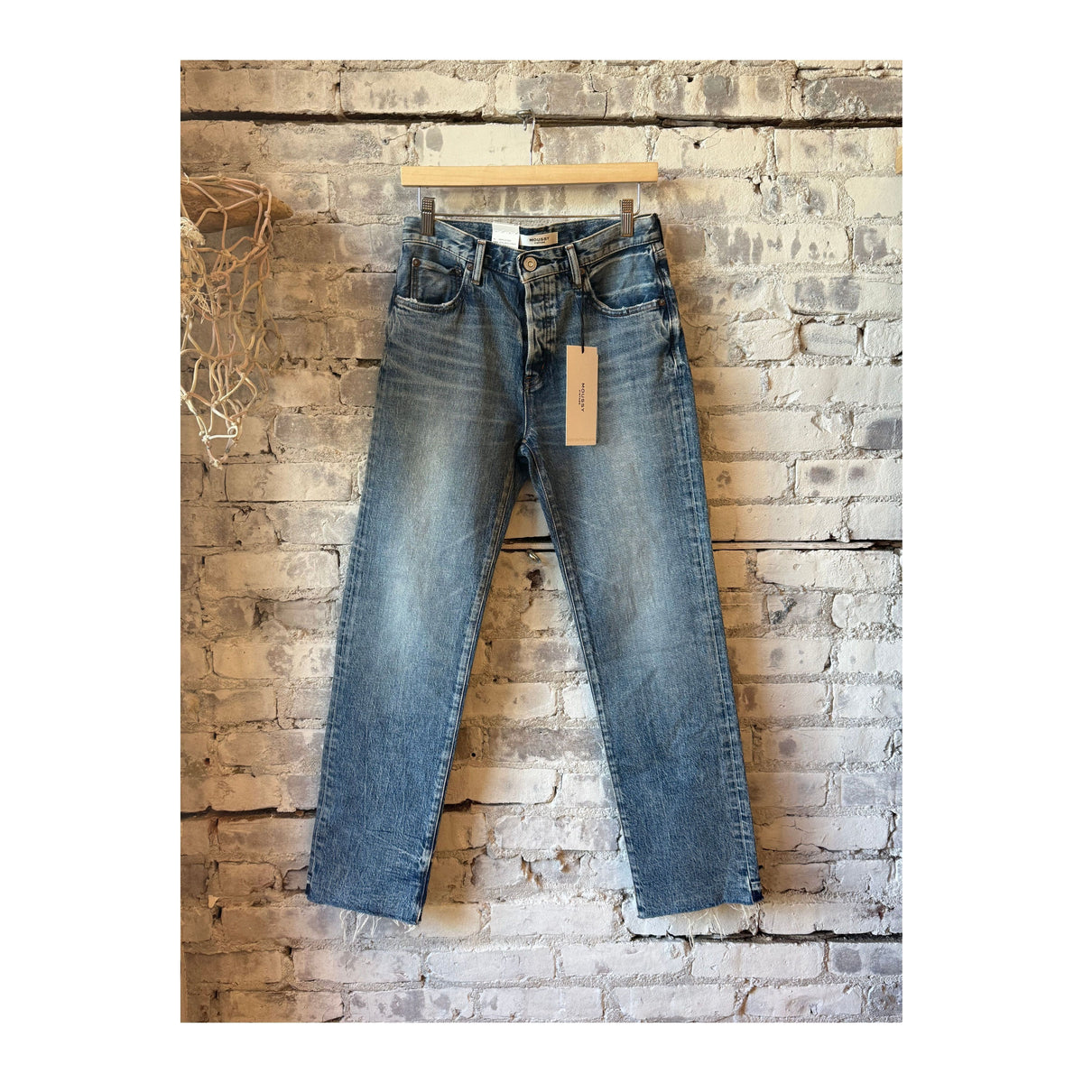 Women's Moussy Williamsville Straight Jean with classic denim wash and straight-leg fit, shown on a model.