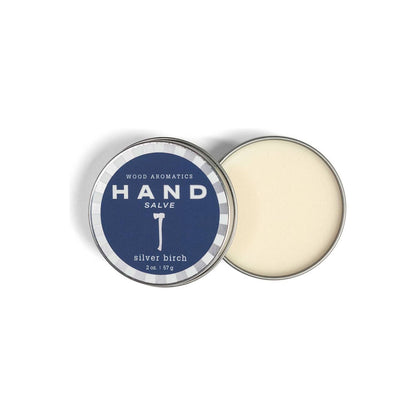 Silver Birch hand salve by Kalastyle Soap Co. in a natural wooden container, showcasing the product's packaging and texture.
