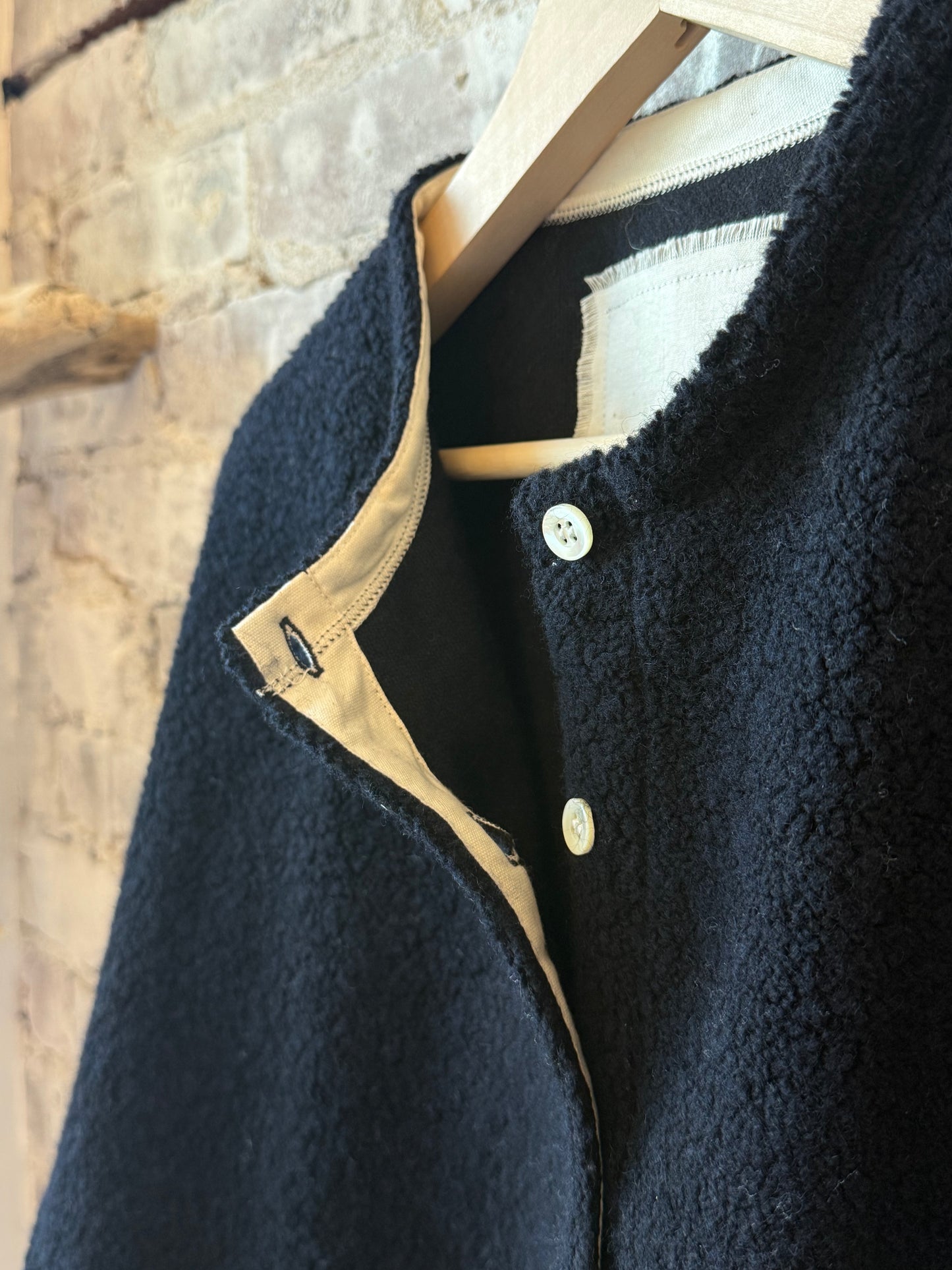 Women's navy Wool Boa Fleece Jacket by V::Room, showcasing a cozy fleece with a wool-boa texture and stylish fit.