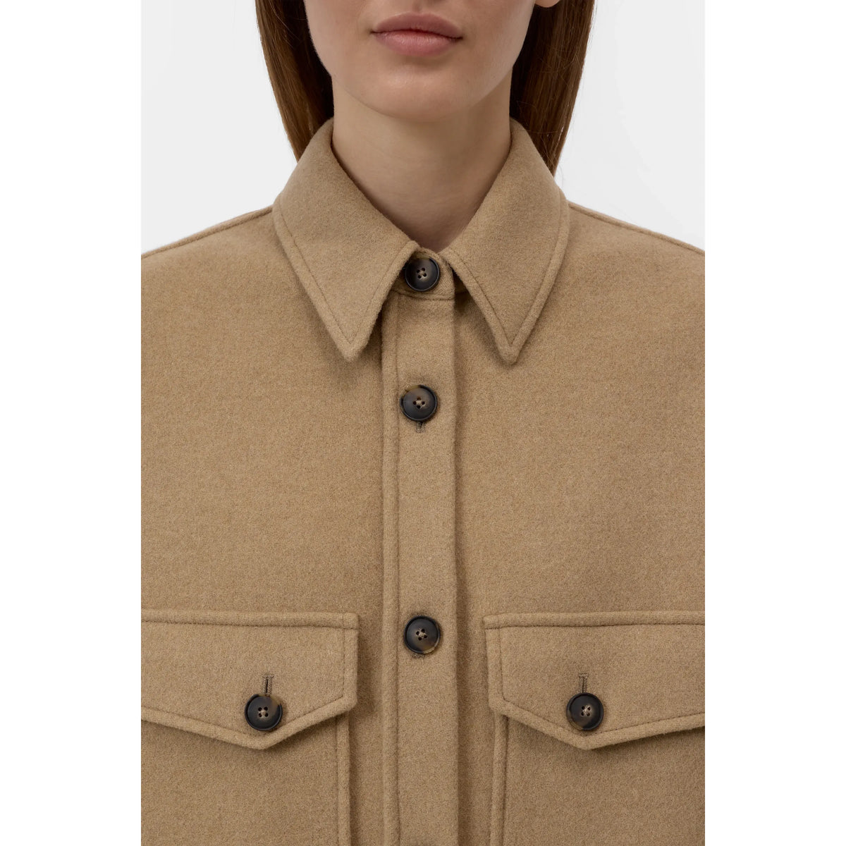 Women's Wool Mix Overshirt in Sand Beige by Closed, showing a soft, textured fabric with a relaxed fit and button-front design.