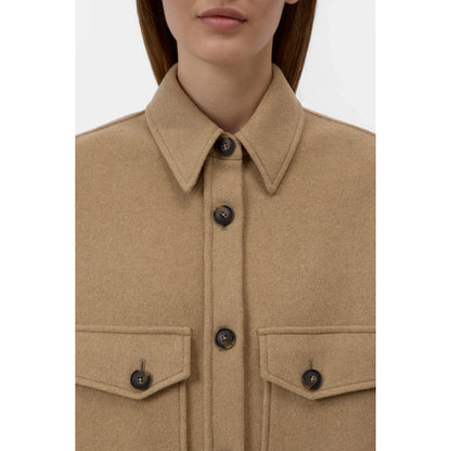 Women's Wool Mix Overshirt in Sand Beige by Closed, showing a soft, textured fabric with a relaxed fit and button-front design.