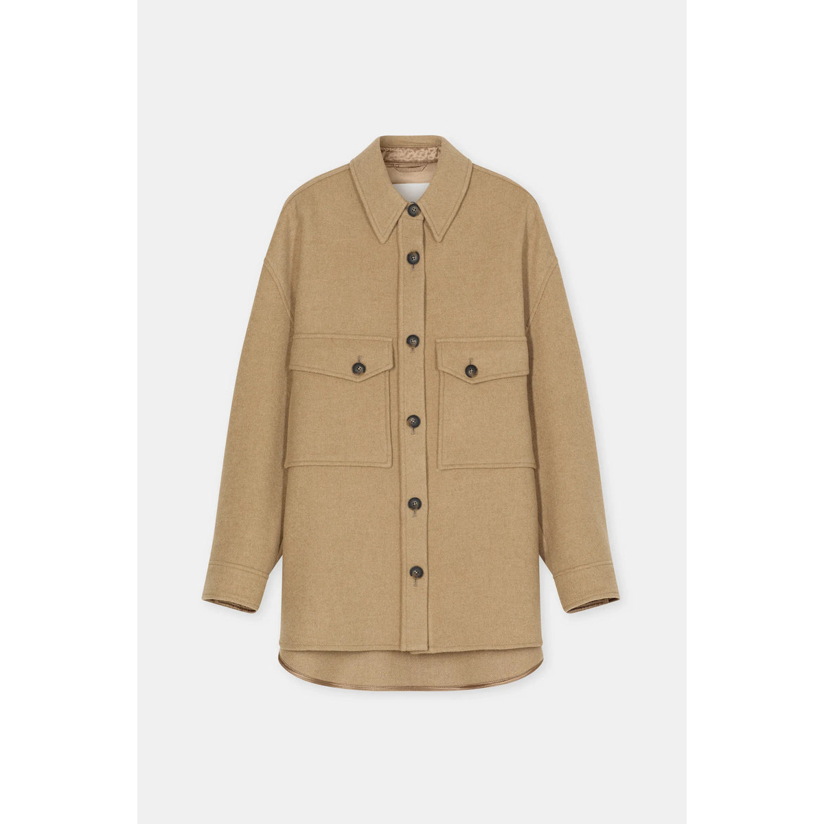 Women's Wool Mix Overshirt in Sand Beige by Closed, showing the soft fabric, relaxed fit, and stylish collar on a neutral background.