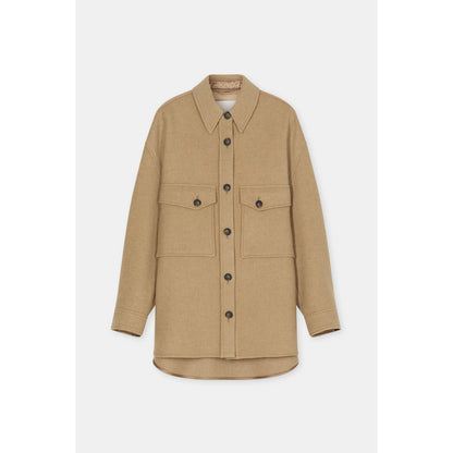 Women's Wool Mix Overshirt in Sand Beige by Closed, showing the soft fabric, relaxed fit, and stylish collar on a neutral background.