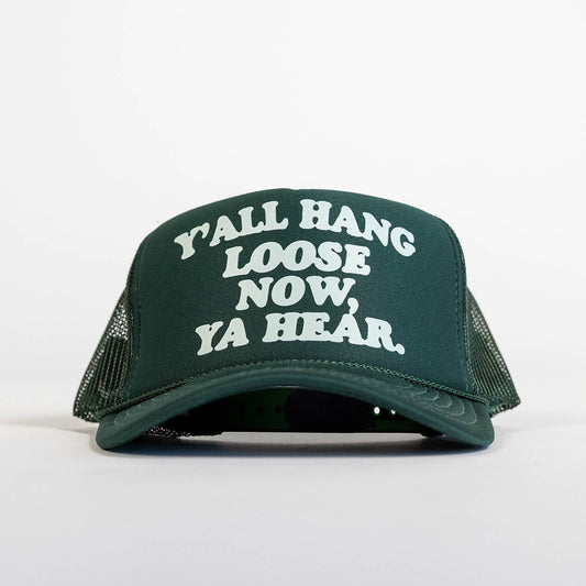 N.B. GOODS Y'all Hang Loose Trucker Hat in evergreen and icy blue with mesh back and curved brim.