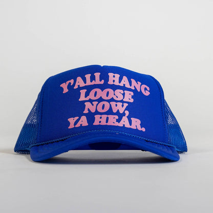 Royal blue and pink Y'all Hang Loose trucker hat by N.B. GOODS, casual accessories with adjustable strap and mesh back design.