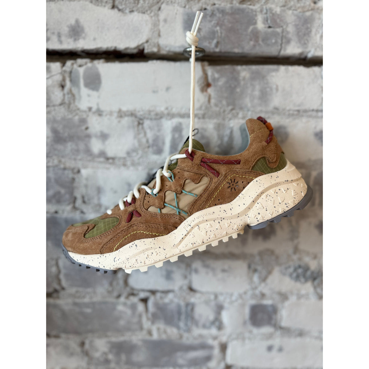 Flower Mountain Yamabushi men's suede and nylon ripstop sneakers in biscuit and beige, featuring a casual athletic design.