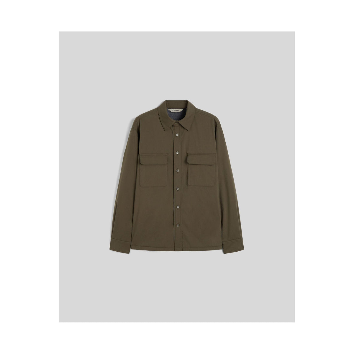 Men's Aspesi Yoshitaka cotton nylon shirt jacket in military style, featuring a rugged design and functional pockets.