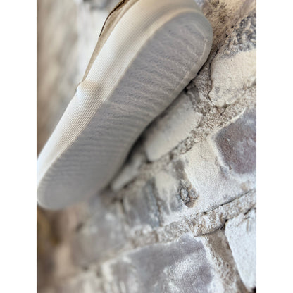 Men's beige suede ZDA Marathon Military Trainer shoes with white soles, from Reproduction Of Found x ZDA, shown in side view.