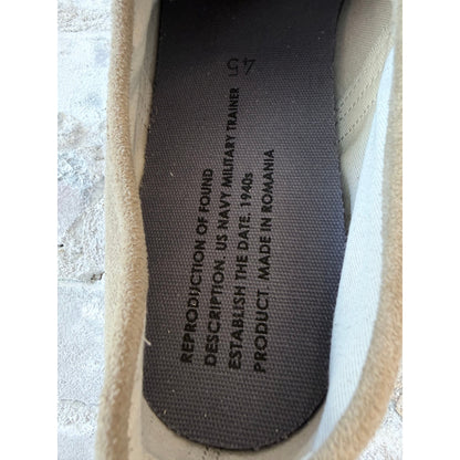Men's beige suede Reproduction Of Found x ZDA Marathon Military Trainer sneakers with white sole, casual style, on a neutral background.