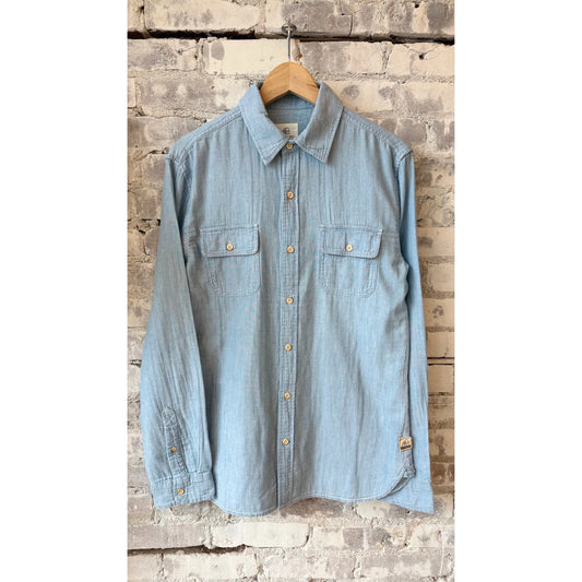 Men's Zhu Double Gauze Shirt in blue by Surfside Supply, shown in a casual fit with soft, breathable fabric.