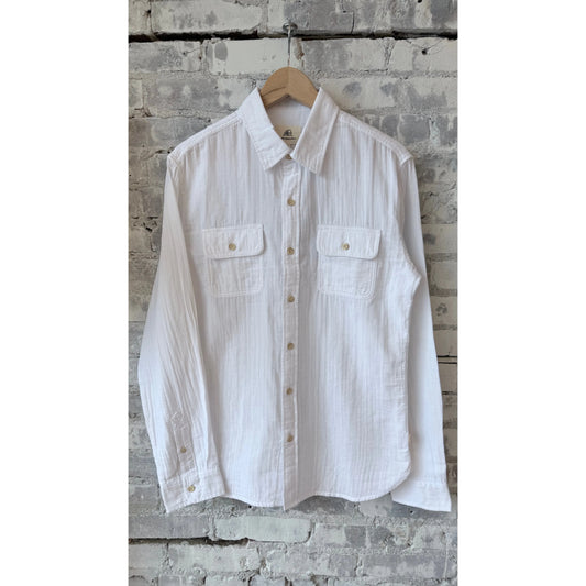 Men's white Zhu Double Gauze shirt by Surfside Supply, featuring lightweight, breathable fabric and a relaxed fit.