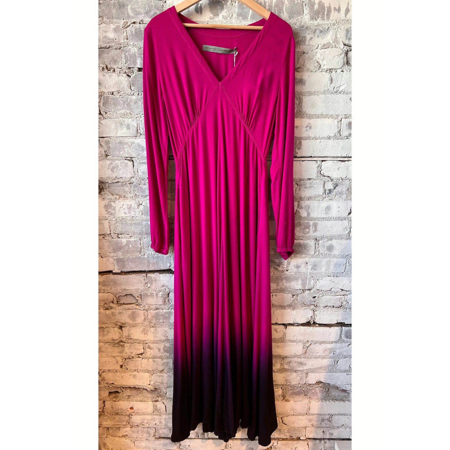 Women's hand-painted tie dye Natalie dress by Raquel Allegra in vibrant Dahlia colors, showcasing a flowing, artistic design.
