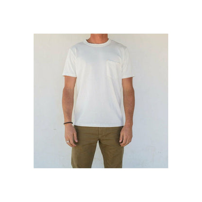 White men's 13-ounce pocket T-shirt by Freenote Cloth, showcasing the classic design and durable fabric.